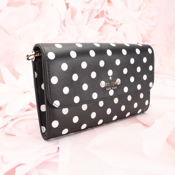 Kate Spade Women's Cheers Phone Wallet Black/White Polka Dot Leather W/Gift Box - Picture 3 of 10
